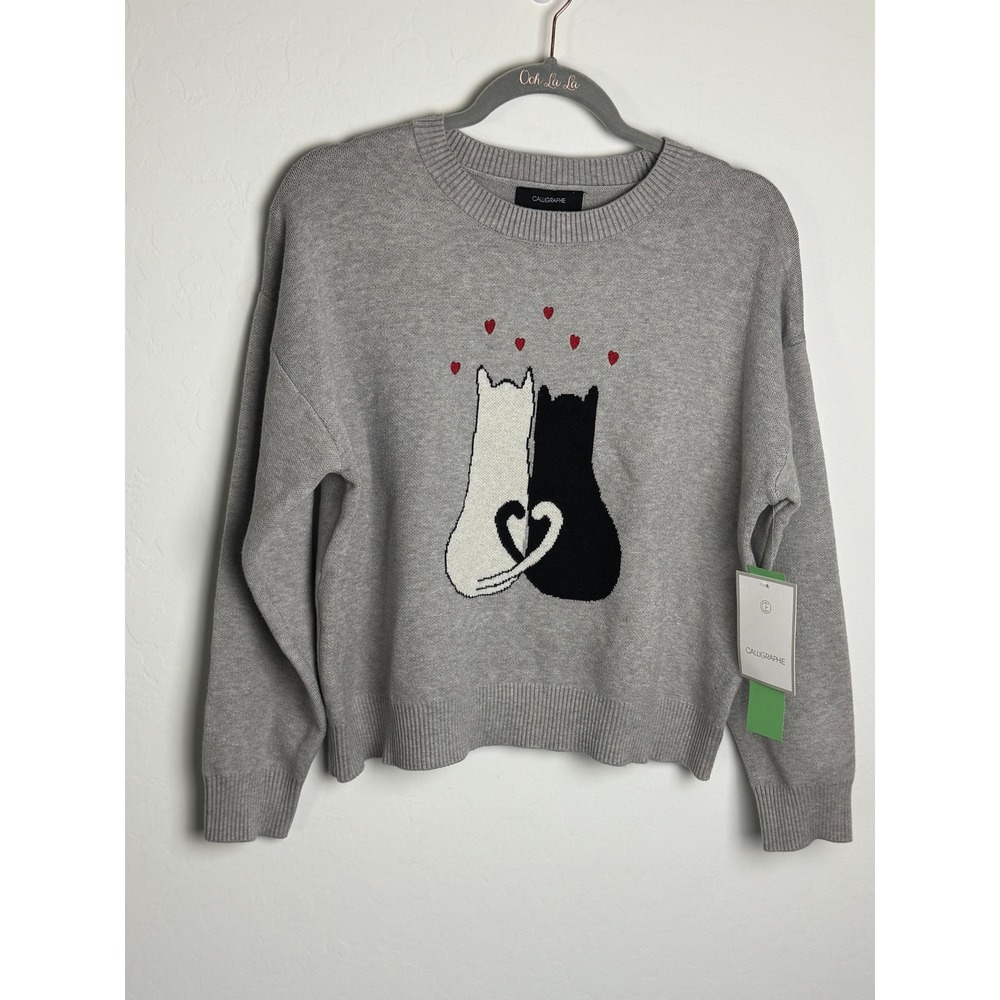 Calligraphie Gray Cat Heart Intarsia Sweater Petite Medium NWT